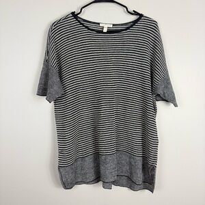 Eileen Fisher Linen Shirt Women Medium Short Sleeve Black White Stipe Top Casual